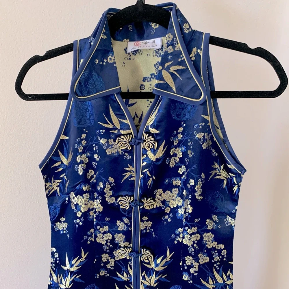 Vintage Qipao Cheongsam Blue & Gold Floral Dress Size M - Picture 2 of 6